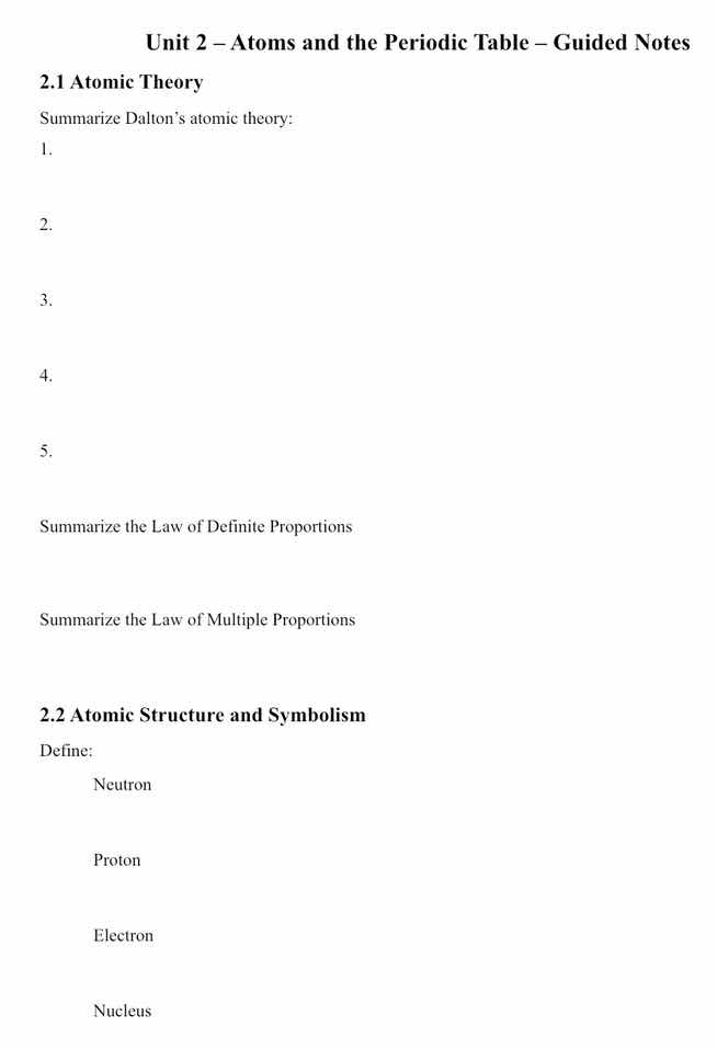 unit 2 – atoms and the periodic table – guided notes 2.1 atomic theory …