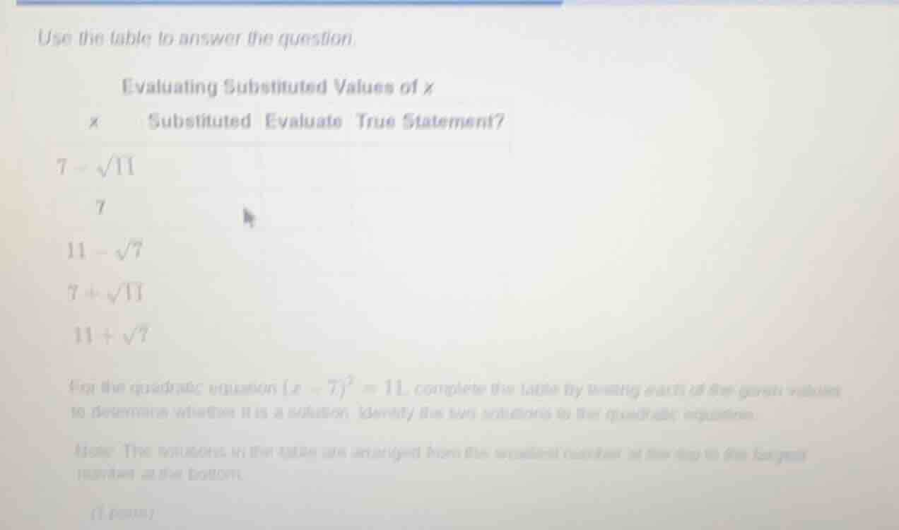 use the table to answer the question. evaluating substituted values of …