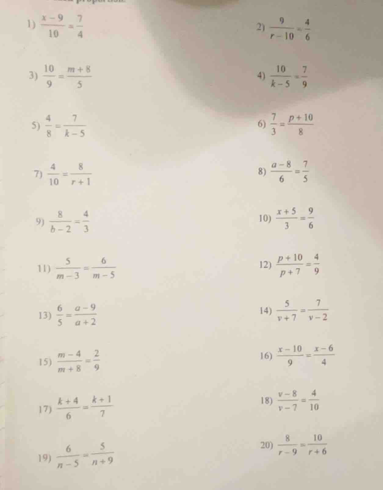 1) \\(\\frac{x - 9}{10} = \\frac{7}{4}\\)\ 2) \\(\\frac{9}{r - 10} = \\…