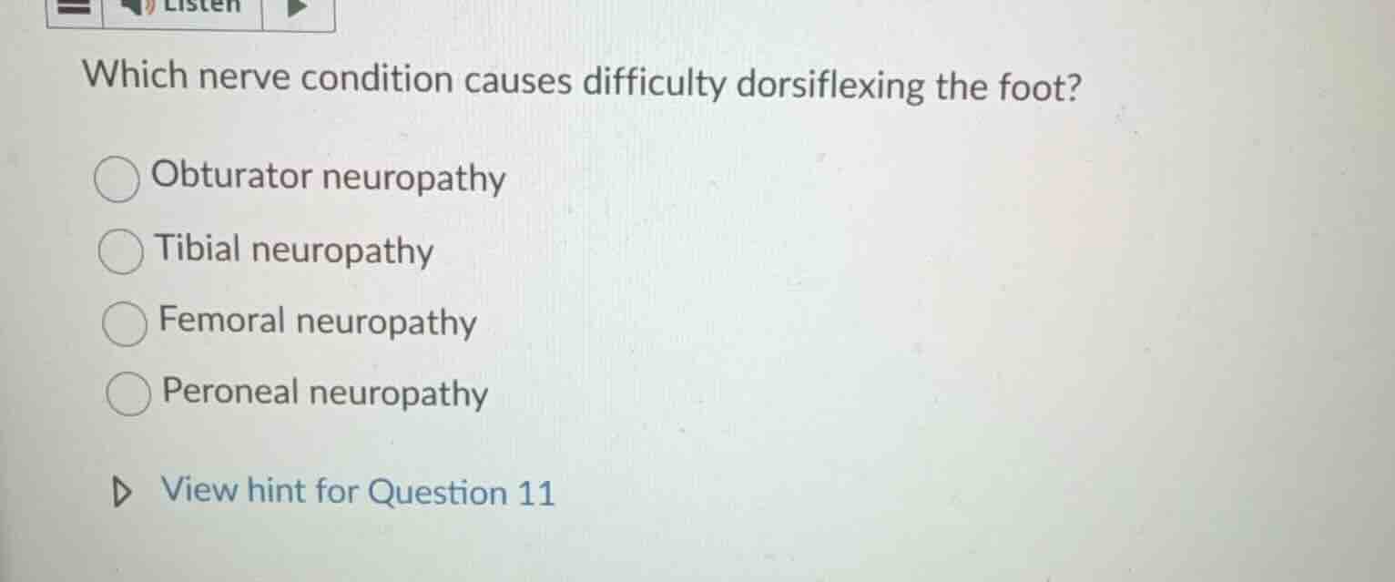 which nerve condition causes difficulty dorsiflexing the foot? obturato…