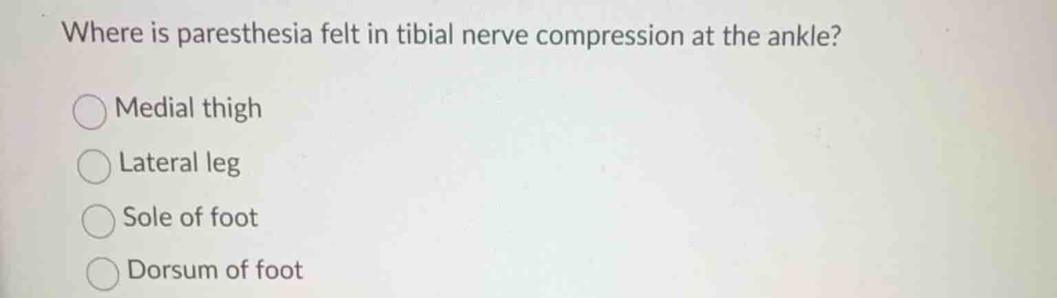 where is paresthesia felt in tibial nerve compression at the ankle?\ \\…