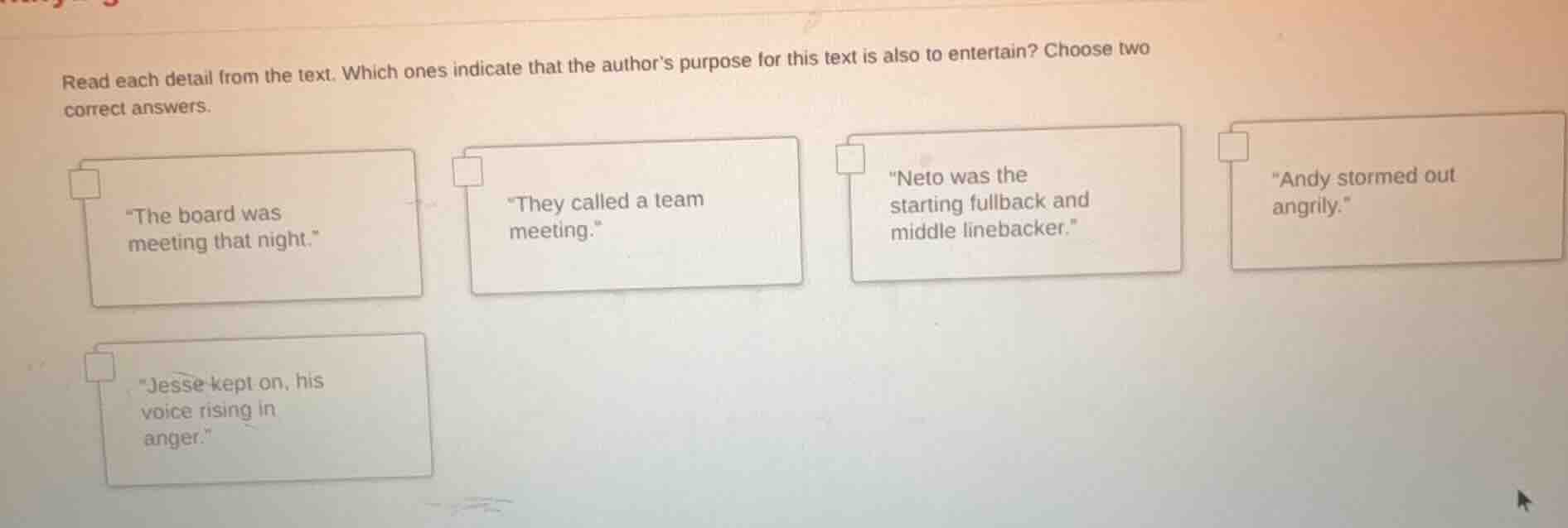 read each detail from the text. which ones indicate that the author’s p…