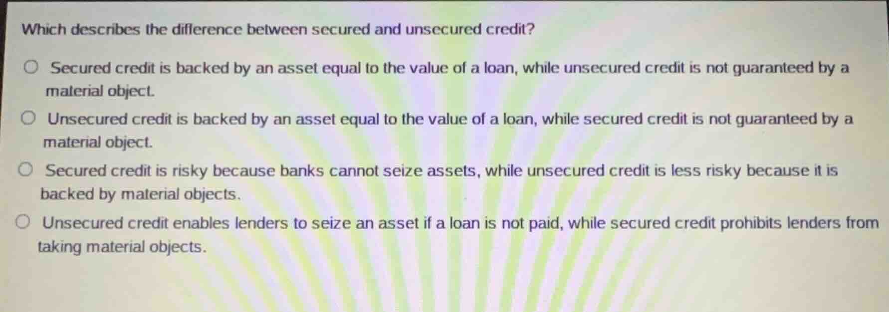 which describes the difference between secured and unsecured credit? se…