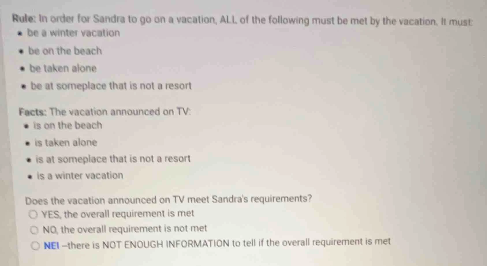 rule: in order for sandra to go on a vacation, all of the following mus…