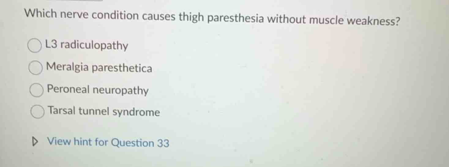 which nerve condition causes thigh paresthesia without muscle weakness?…