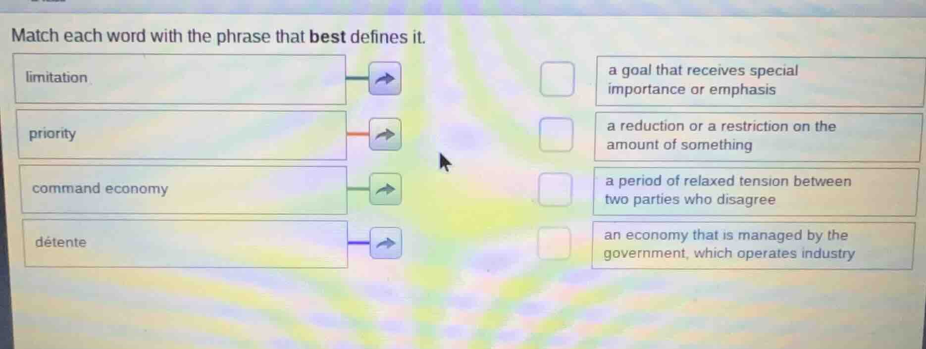 match each word with the phrase that best defines it. limitation priori…