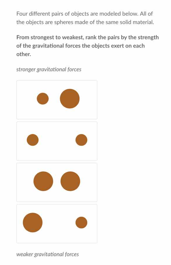 four different pairs of objects are modeled below. all of the objects a…