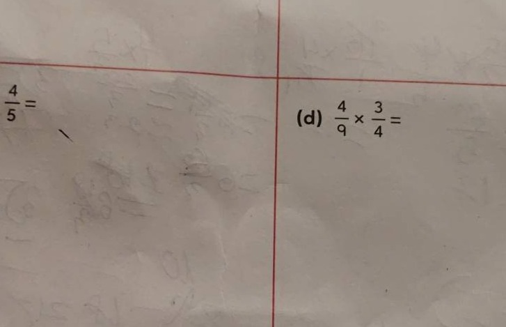 (d) $\frac{4}{9} \\times \frac{3}{4} =$