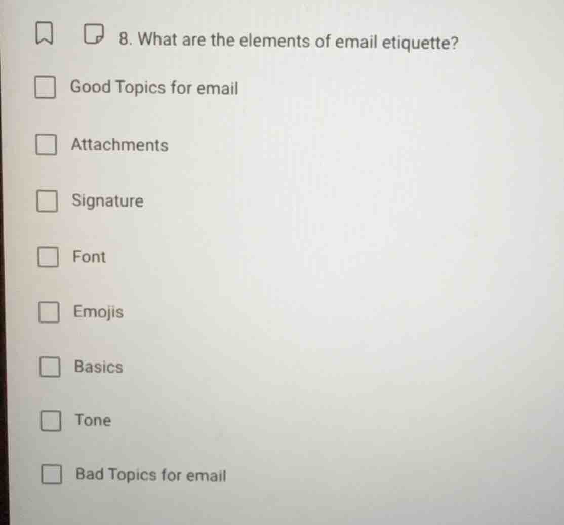 8. what are the elements of email etiquette? good topics for email atta…