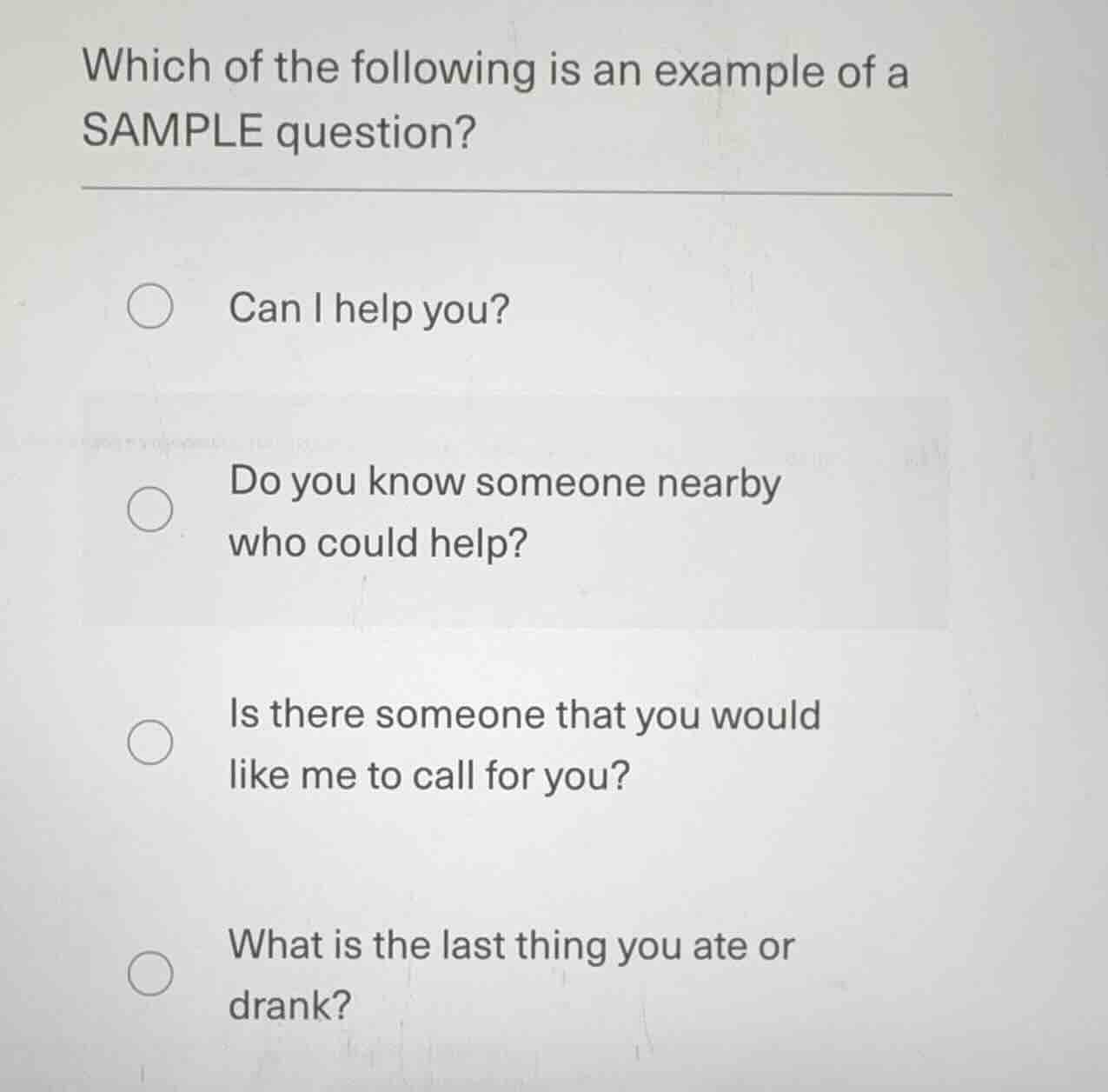 which of the following is an example of a sample question? ○ can i help…