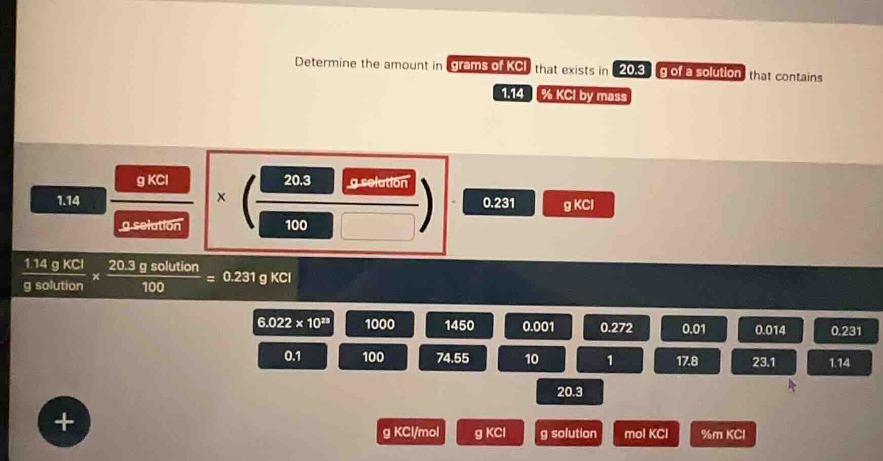 determine the amount in grams of kcl that exists in 20.3 g of a solutio…