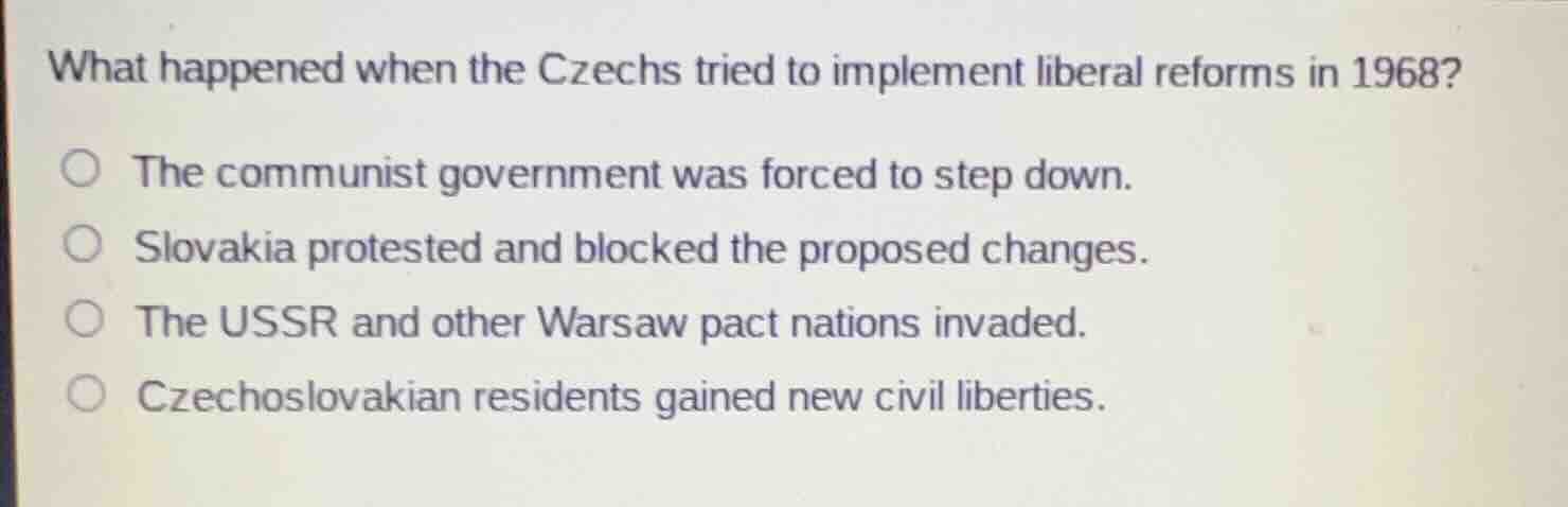what happened when the czechs tried to implement liberal reforms in 196…