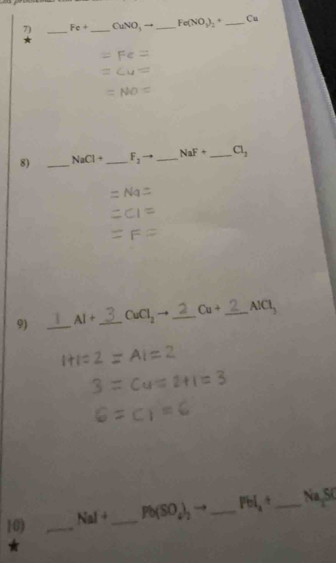 7) ___ fe + ___ cuno₃ → ___ fe(no₃)₂ + ___ cu = fe = = cu = = no = 8) _…