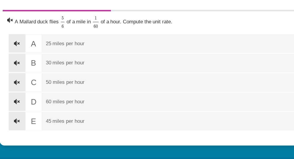 a mallard duck flies \\(\frac{5}{6}\\) of a mile in \\(\frac{1}{60}\\) …