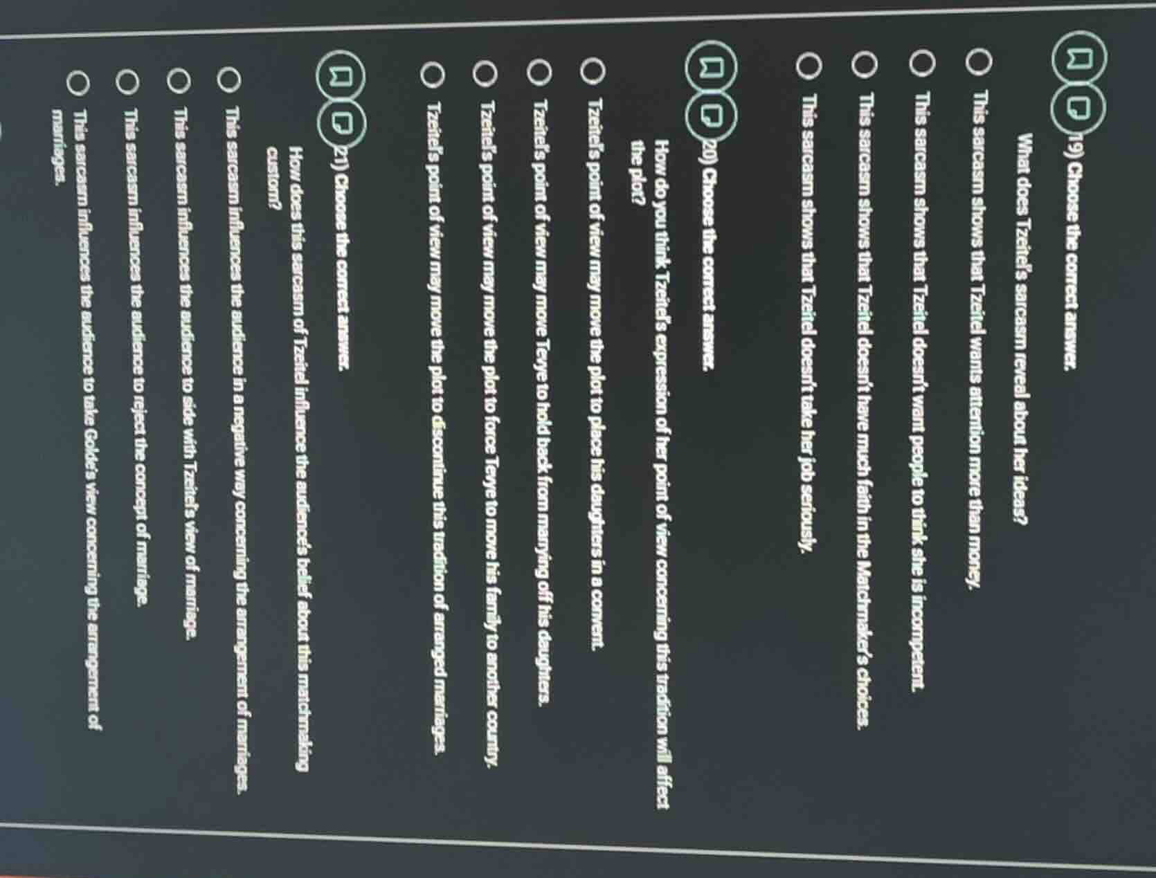 19) choose the correct answer. what does tzeitels sarcasm reveal about …