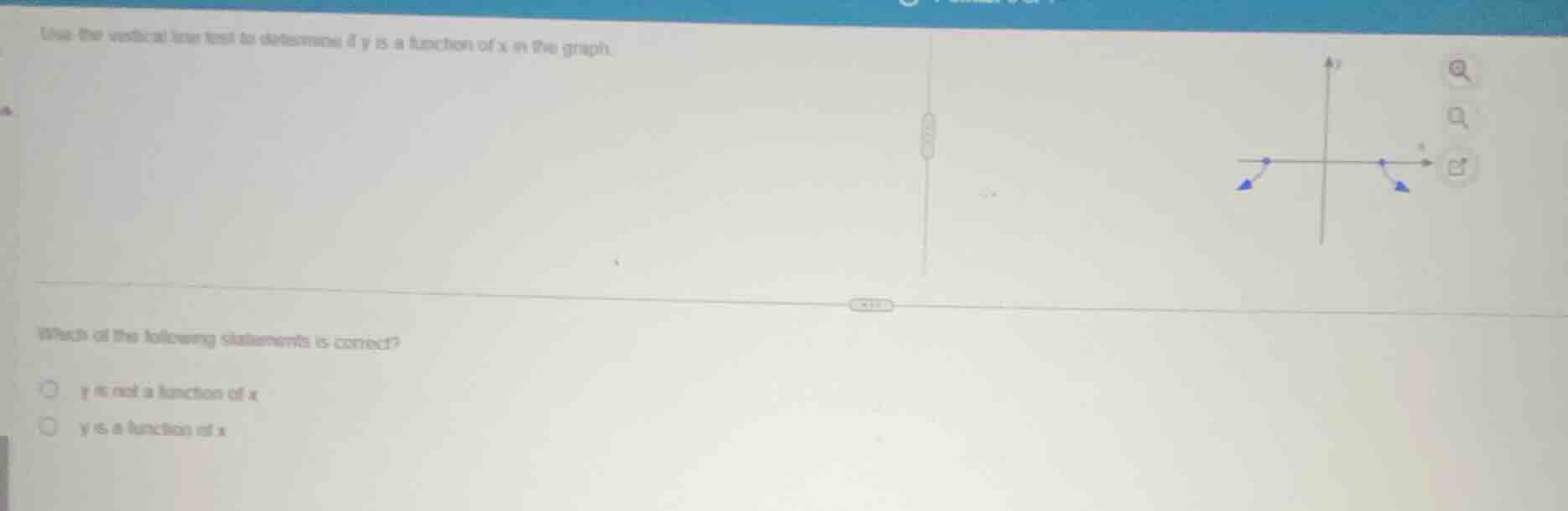 use the vertical line test to determine if y is a function of x in the graph.\nwhich of the following statements is correct?\n○ y is not a function of x\n○ y is a function of x