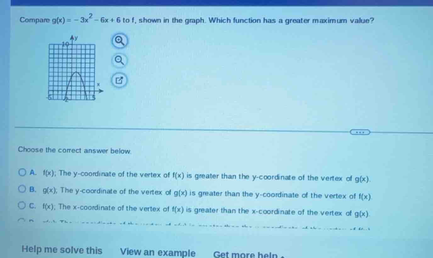compare $g(x) = -3x^2 - 6x + 6$ to $f$, shown in the graph. which funct…