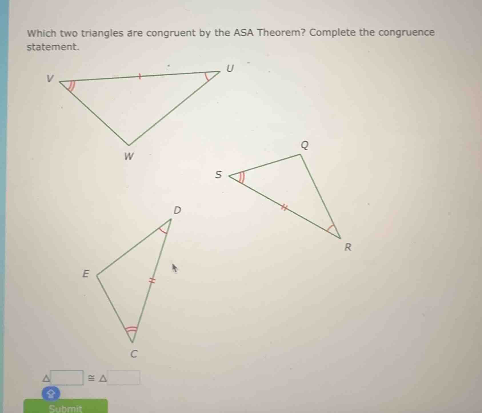 which two triangles are congruent by the asa theorem? complete the cong…