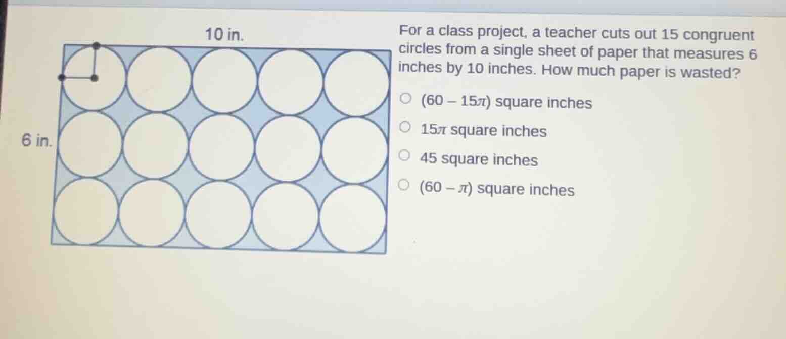 10 in. 6 in. for a class project, a teacher cuts out 15 congruent circl…