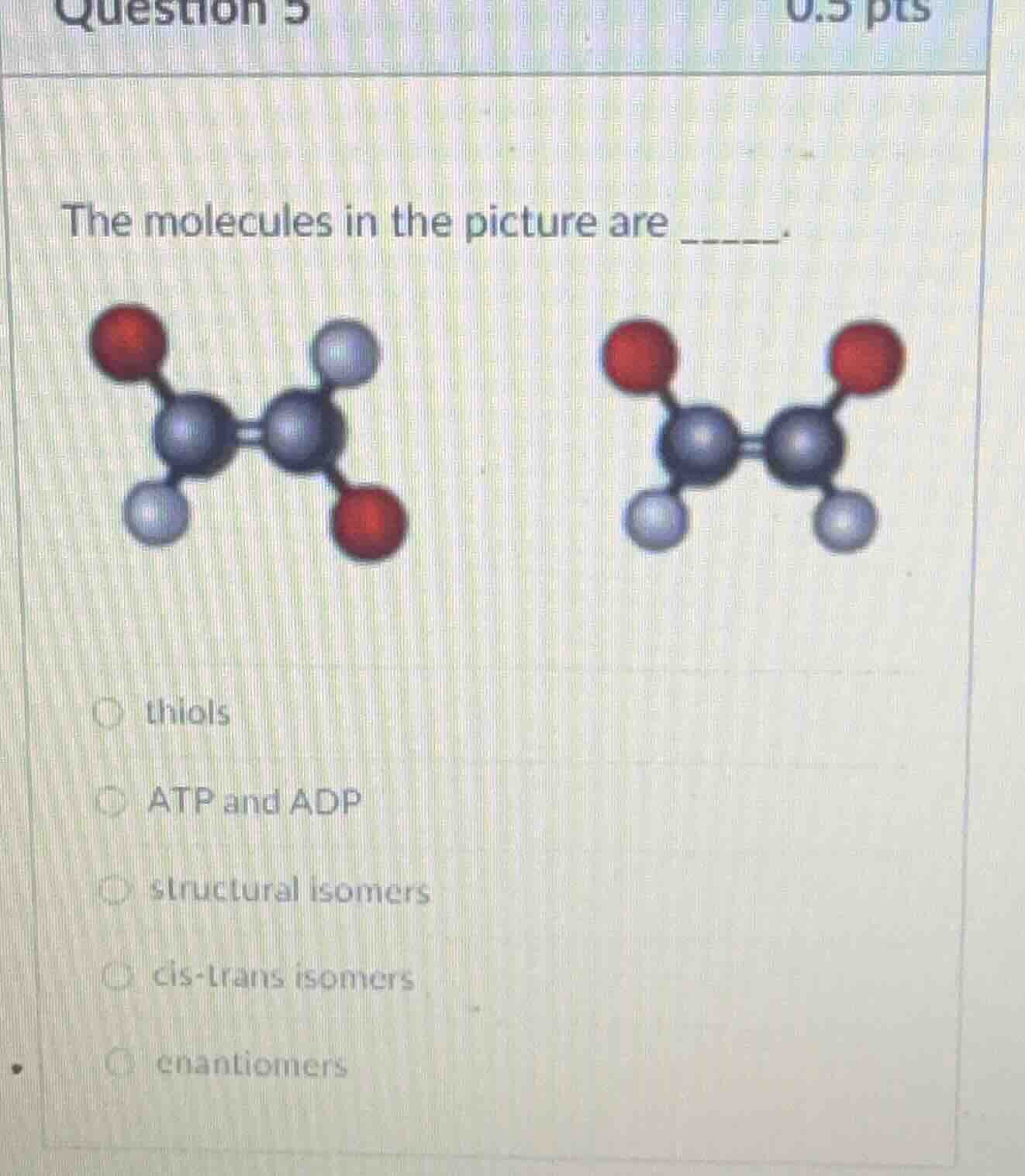 question 5 0.5 pts the molecules in the picture are ______. molecular s…