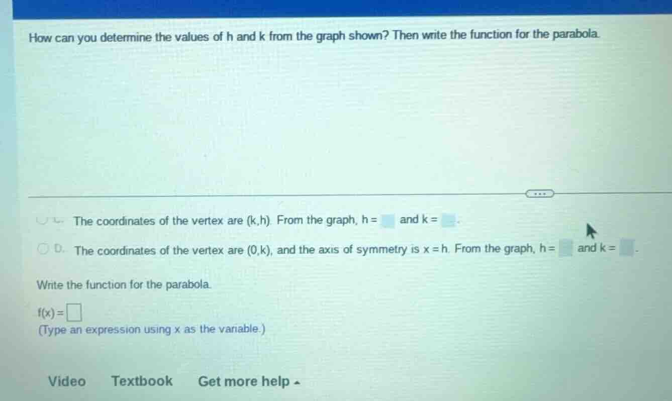 how can you determine the values of h and k from the graph shown? then …