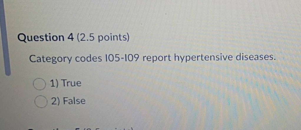 question 4 (2.5 points) category codes i05 - i09 report hypertensive di…