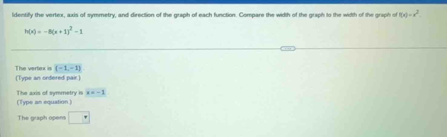identify the vertex, axis of symmetry, and direction of the graph of ea…