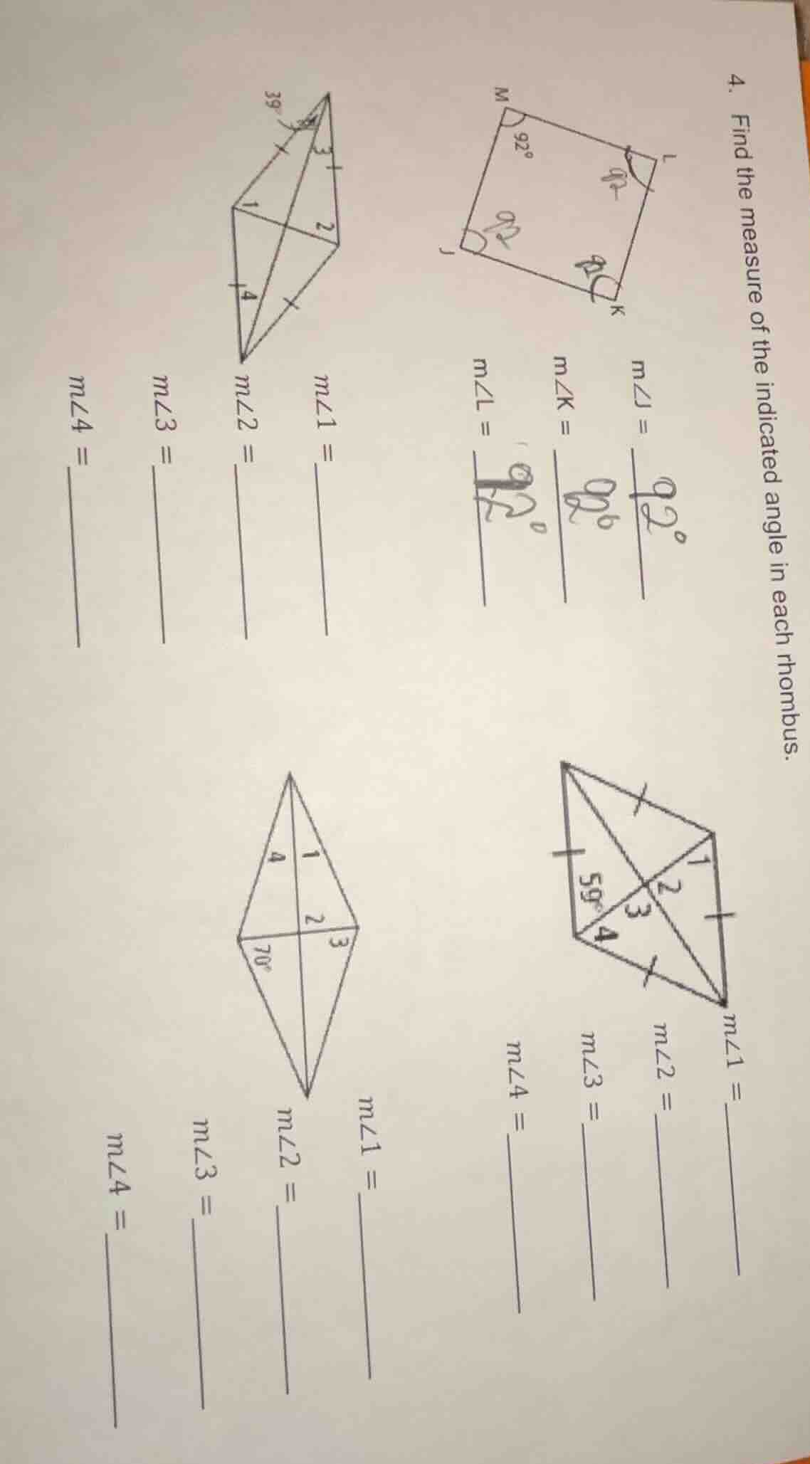 4. find the measure of the indicated angle in each rhombus. for the fir…