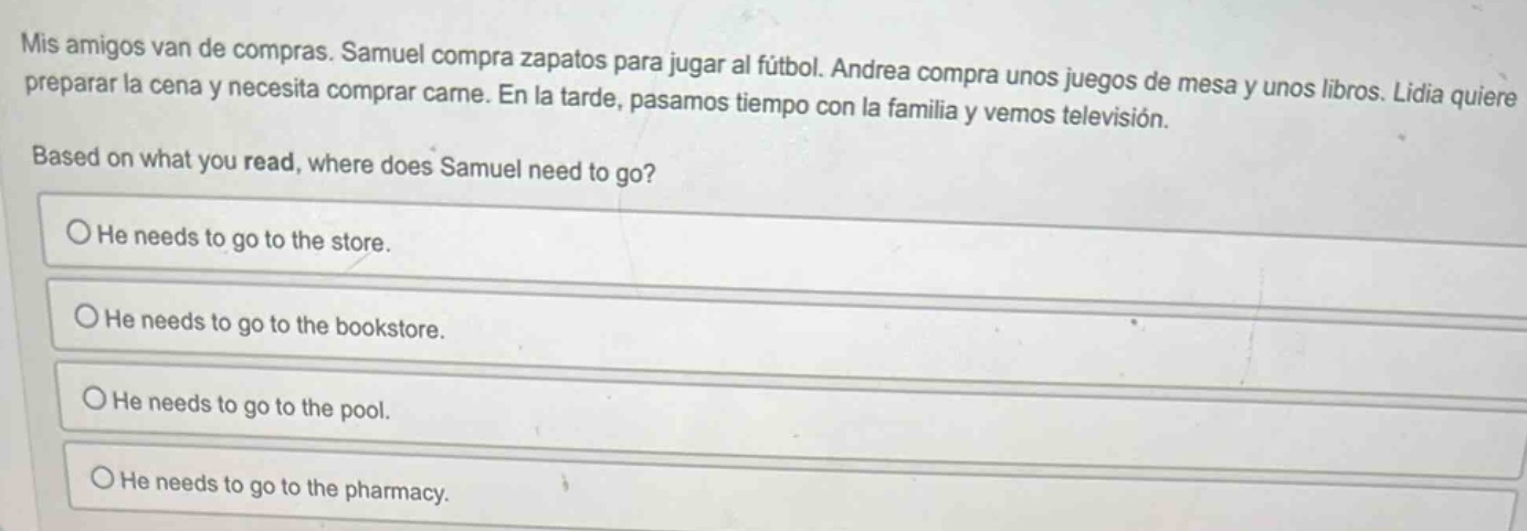 mis amigos van de compras. samuel compra zapatos para jugar al fútbol. …