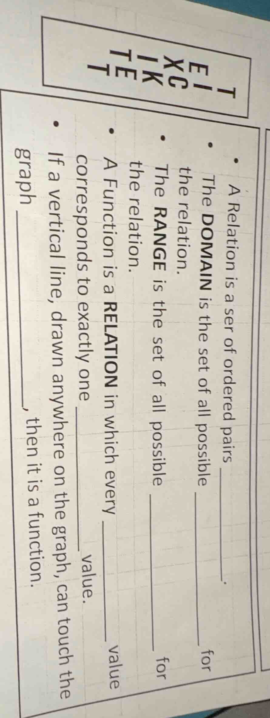 t exc ik te t - a relation is a ser of ordered pairs ______. - the doma…