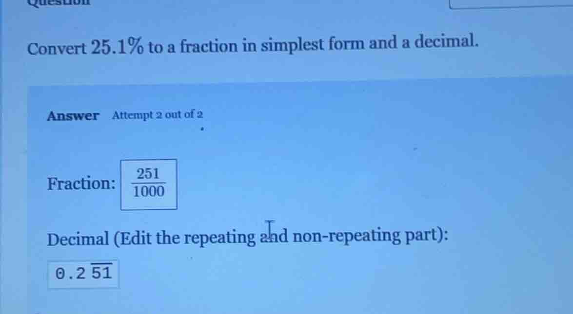 convert 25.1% to a fraction in simplest form and a decimal. answer atte…