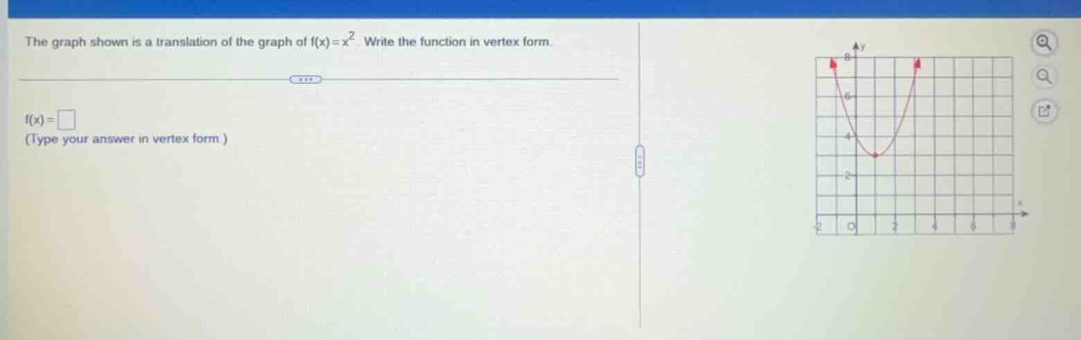 the graph shown is a translation of the graph of $f(x)=x^2$. write the …