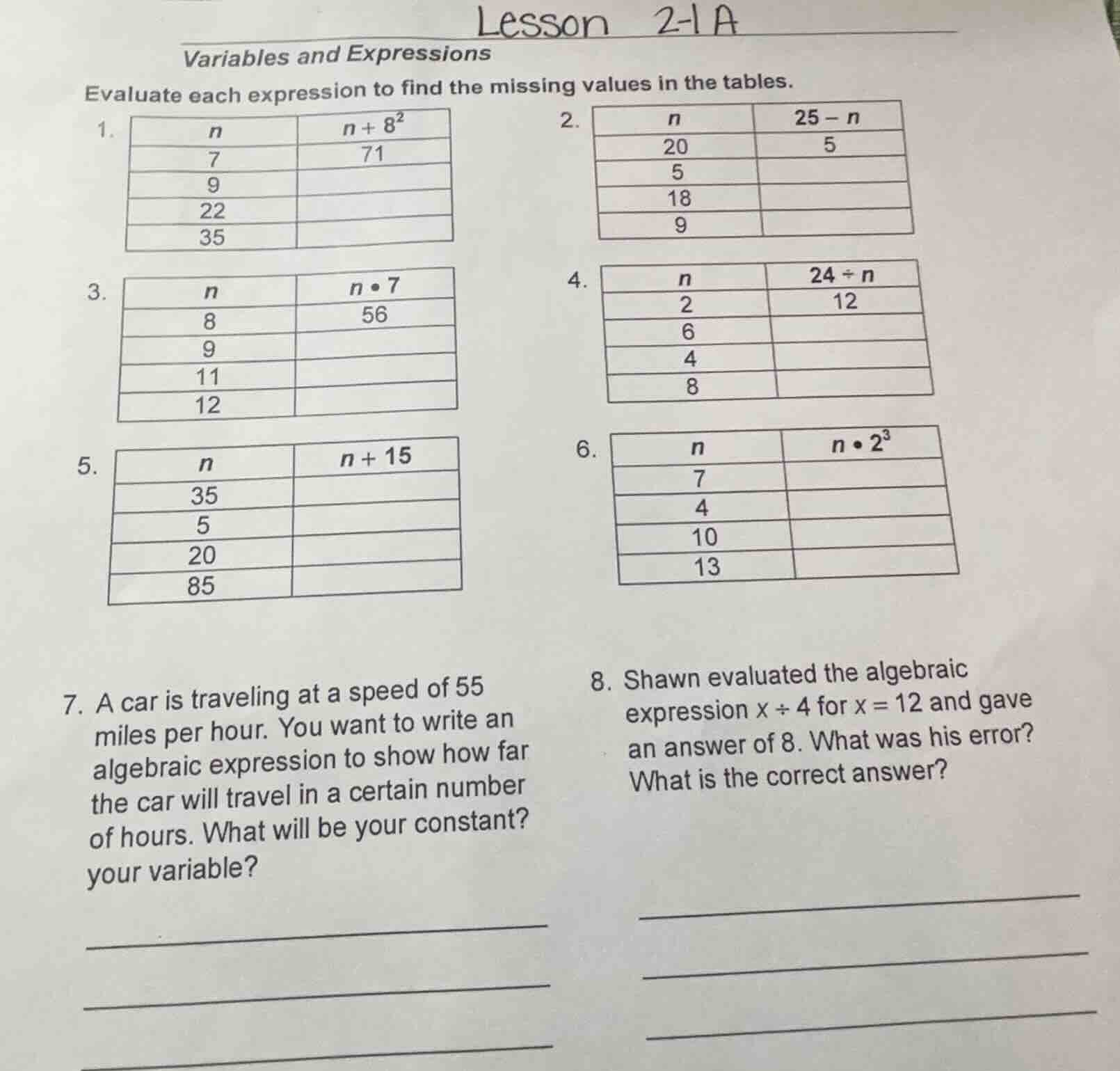 lesson 2-1a variables and expressions evaluate each expression to find …