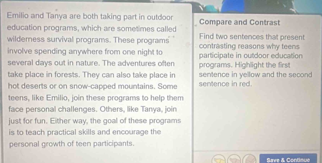 emilio and tanya are both taking part in outdoor education programs, wh…