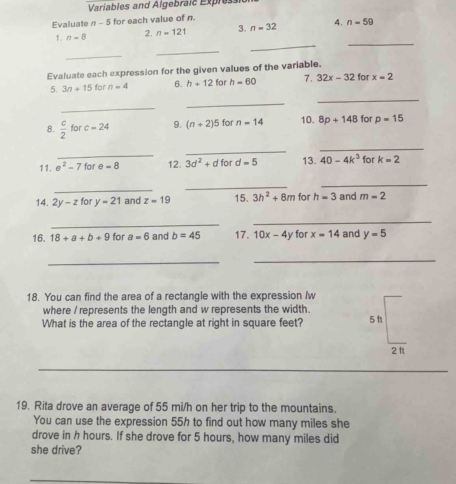 variables and algebraic expressions evaluate ( n - 5 ) for each value o…