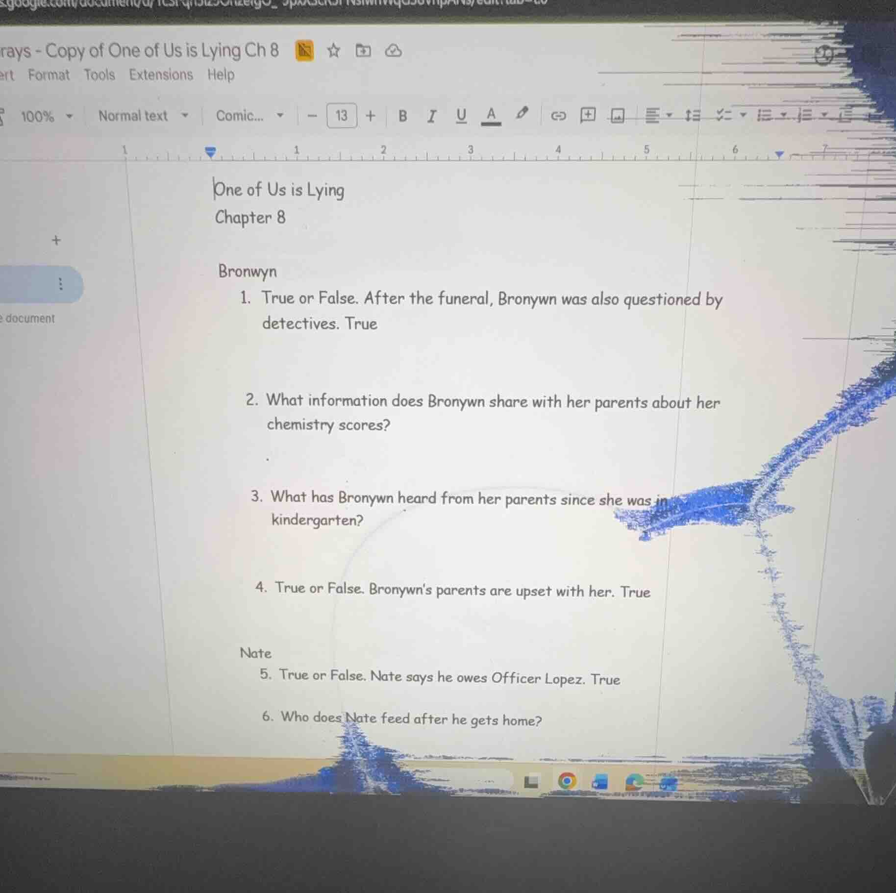 one of us is lying chapter 8 bronwyn 1. true or false. after the funera…