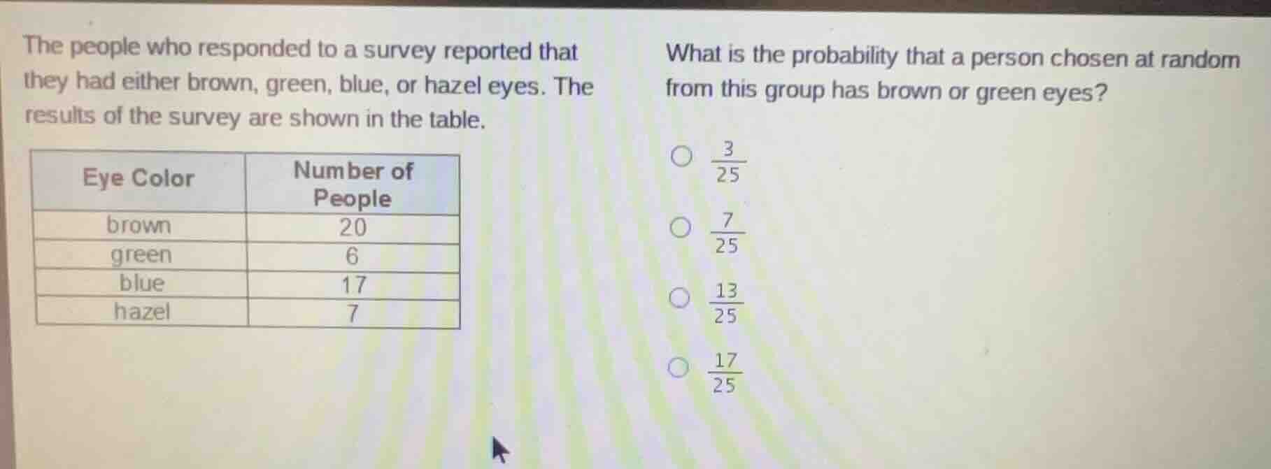 the people who responded to a survey reported that they had either brow…