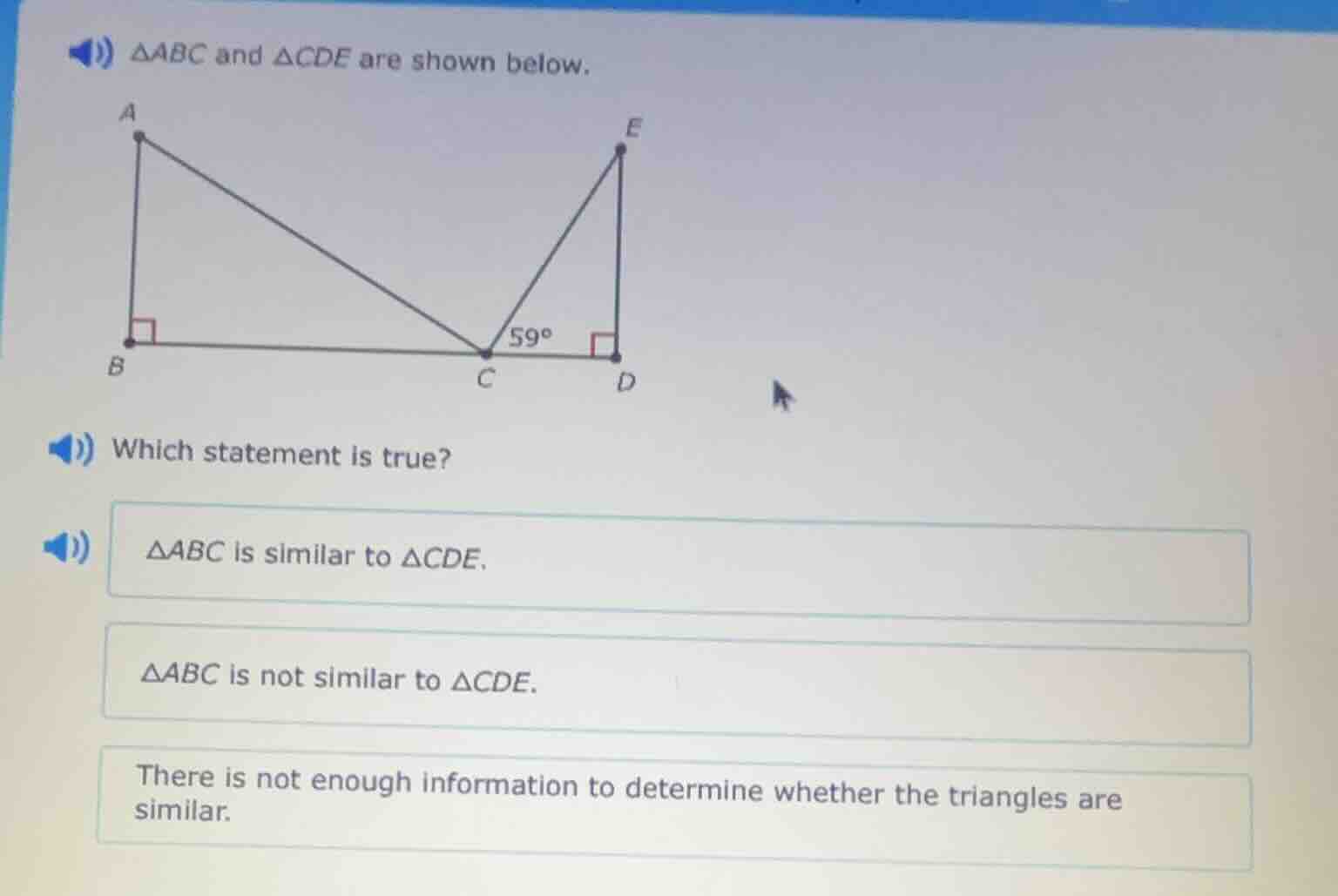 △abc and △cde are shown below. which statement is true? △abc is similar…