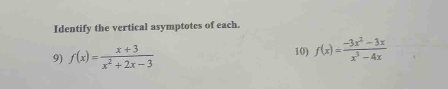 identify the vertical asymptotes of each. 9) $f(x)=\frac{x + 3}{x^{2}+2…