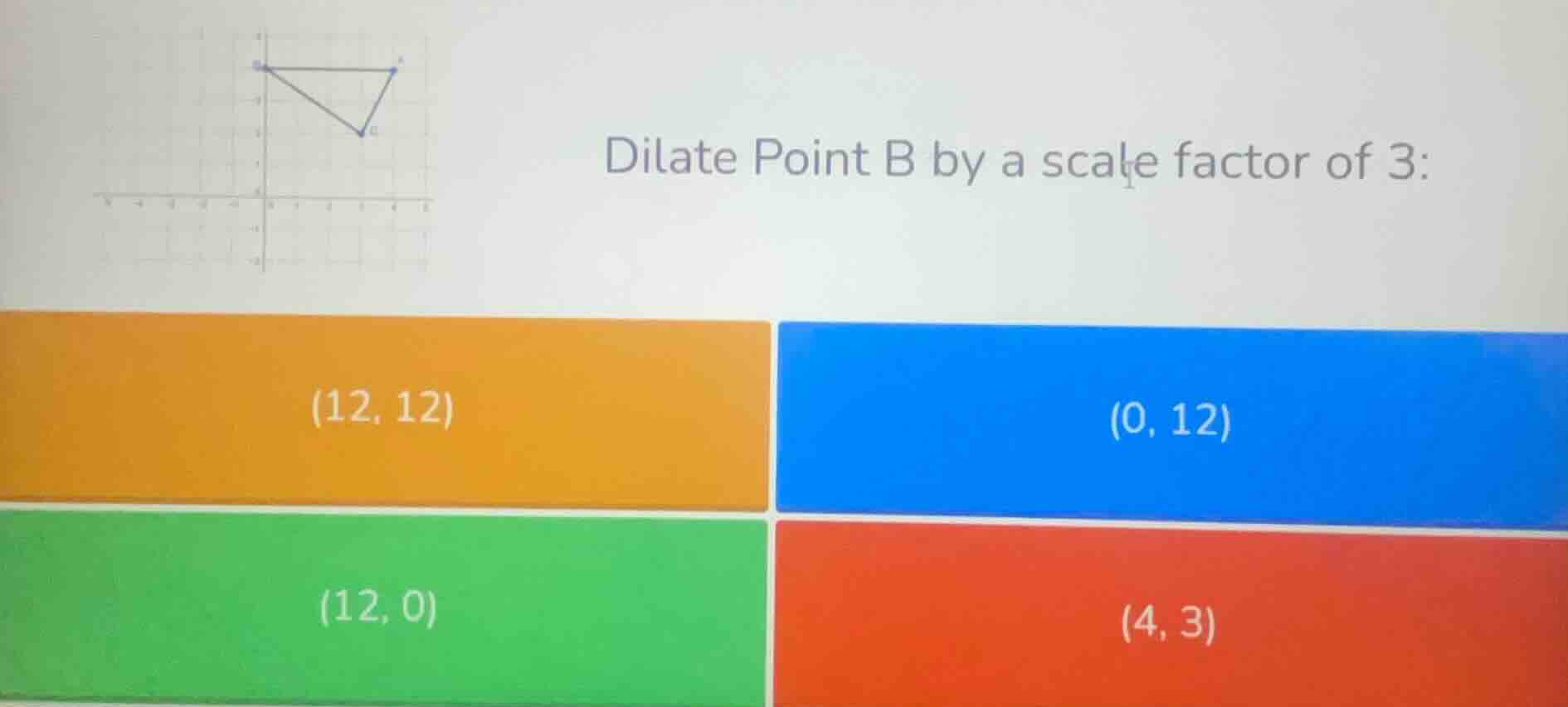 dilate point b by a scale factor of 3: (12, 12) (0, 12) (12, 0) (4, 3)