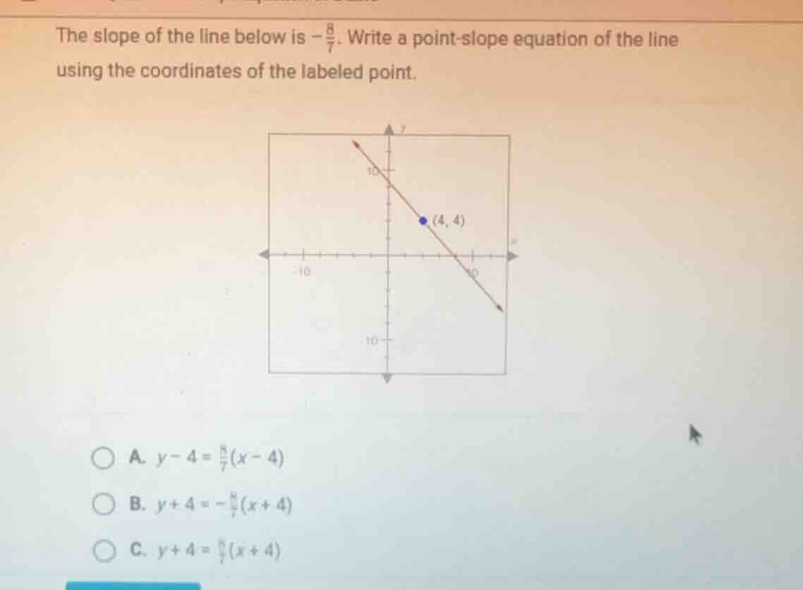the slope of the line below is $-\frac{8}{7}$. write a point - slope eq…