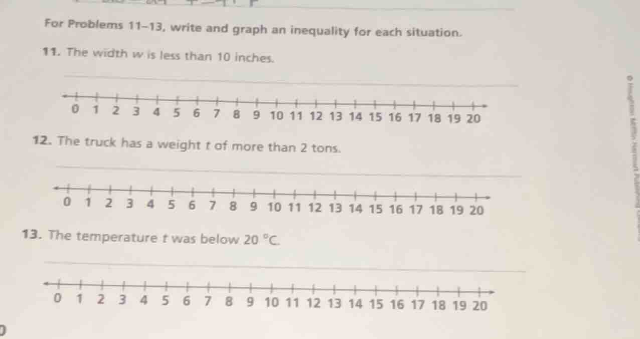 for problems 11–13, write and graph an inequality for each situation. 1…