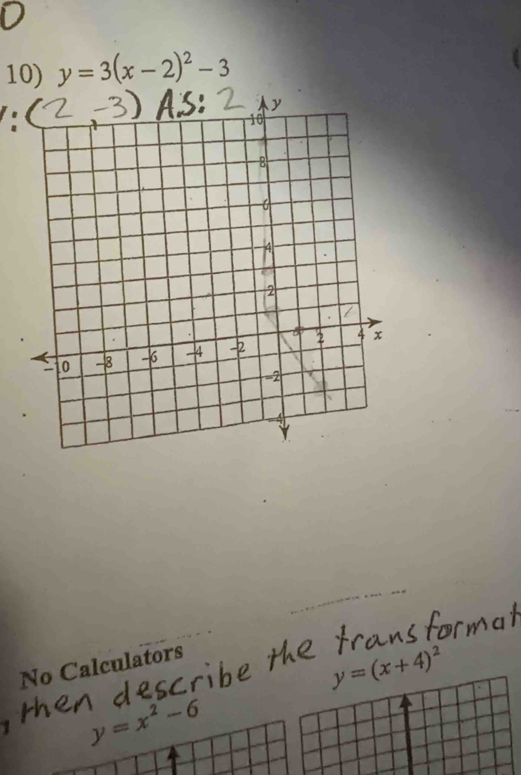 10) $y = 3(x - 2)^2 - 3$ no calculators then describe the transformat $…