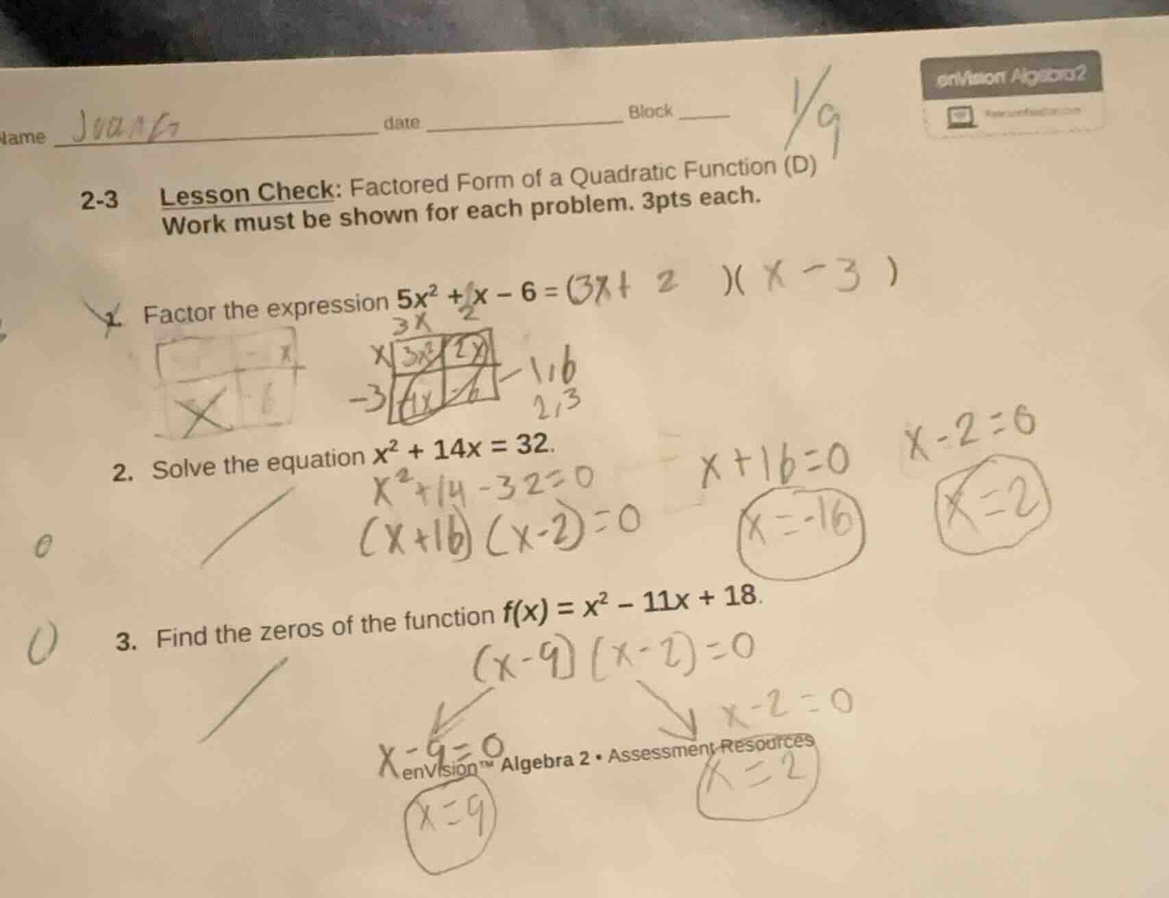 name date block 2-3 lesson check: factored form of a quadratic function…