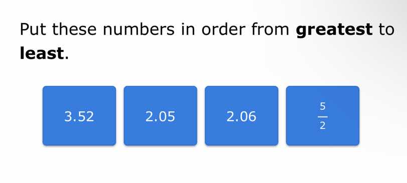 put these numbers in order from greatest to least. 3.52, 2.05, 2.06, 5/2