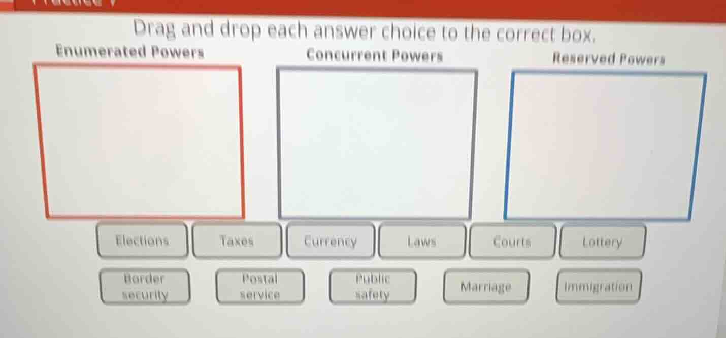 drag and drop each answer choice to the correct box. enumerated powers …