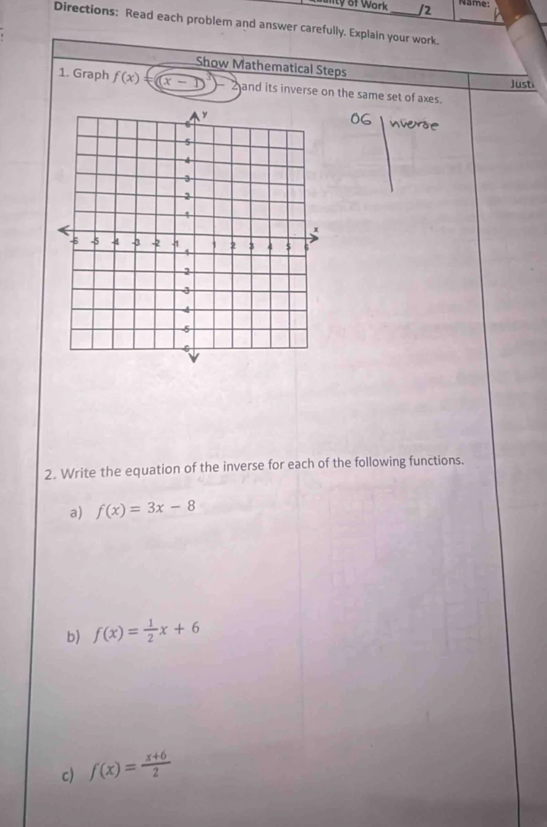 directions: read each problem and answer carefully. explain your work. …