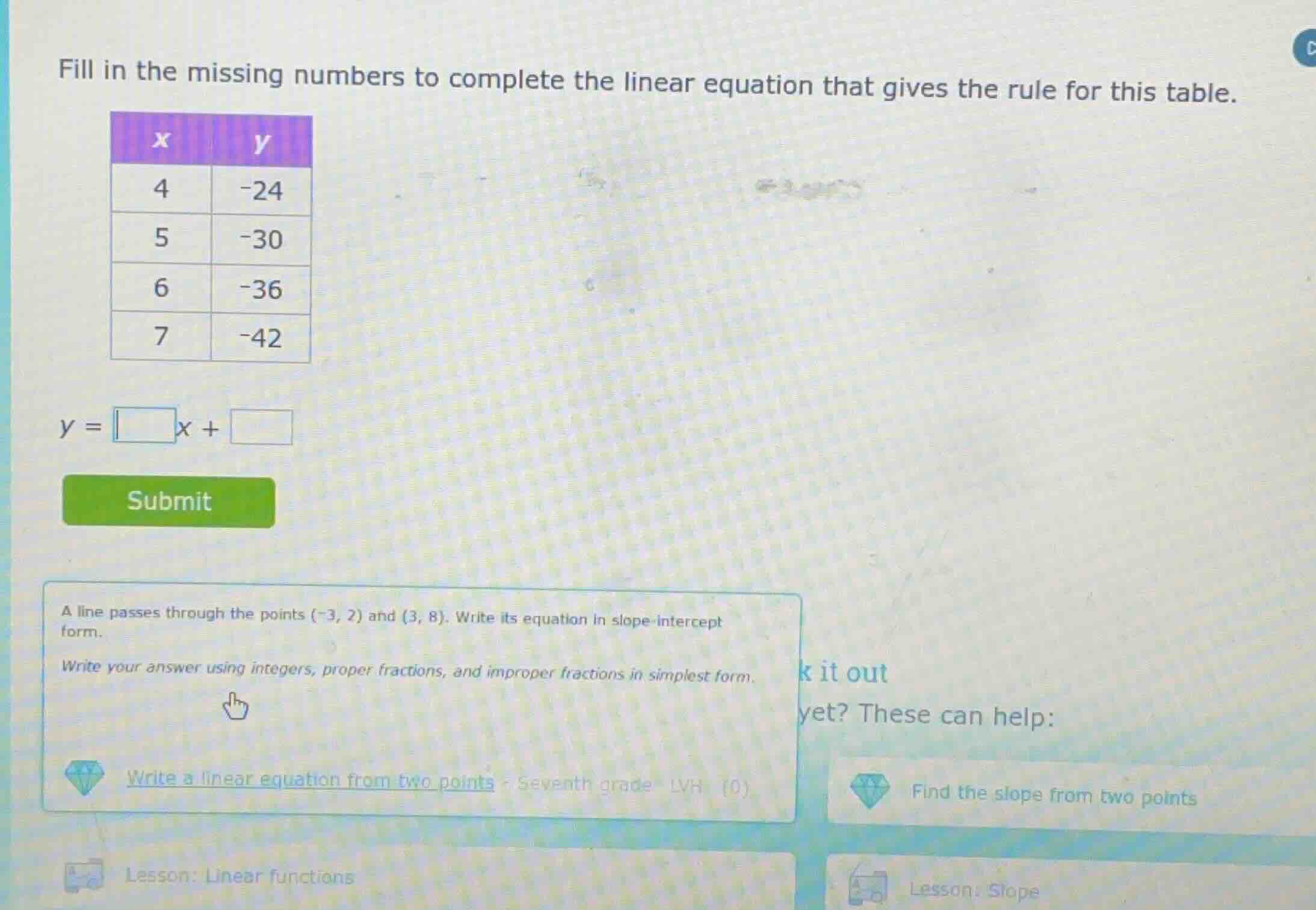 fill in the missing numbers to complete the linear equation that gives …