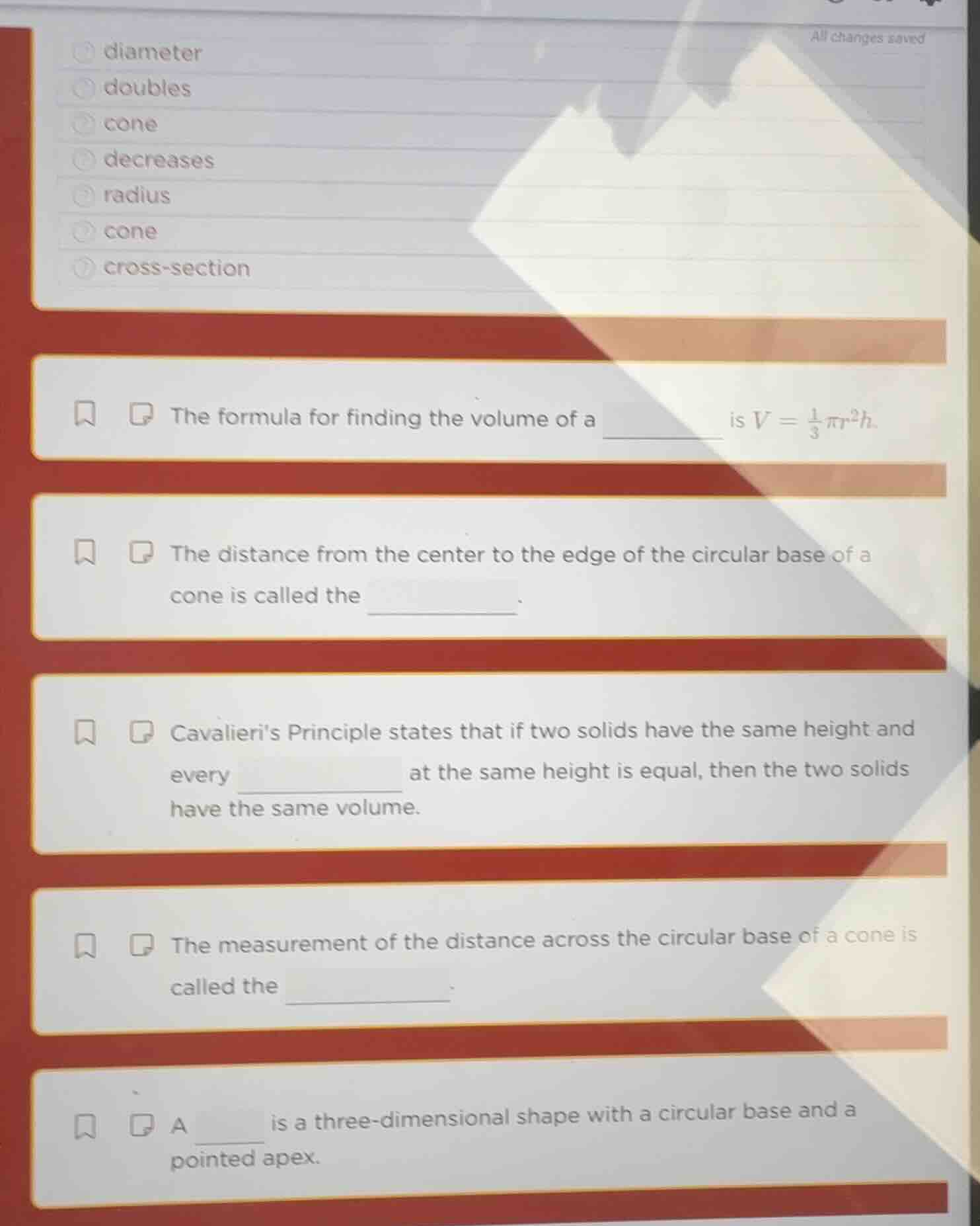 the formula for finding the volume of a ________ is $v = \\frac{1}{3}\\…