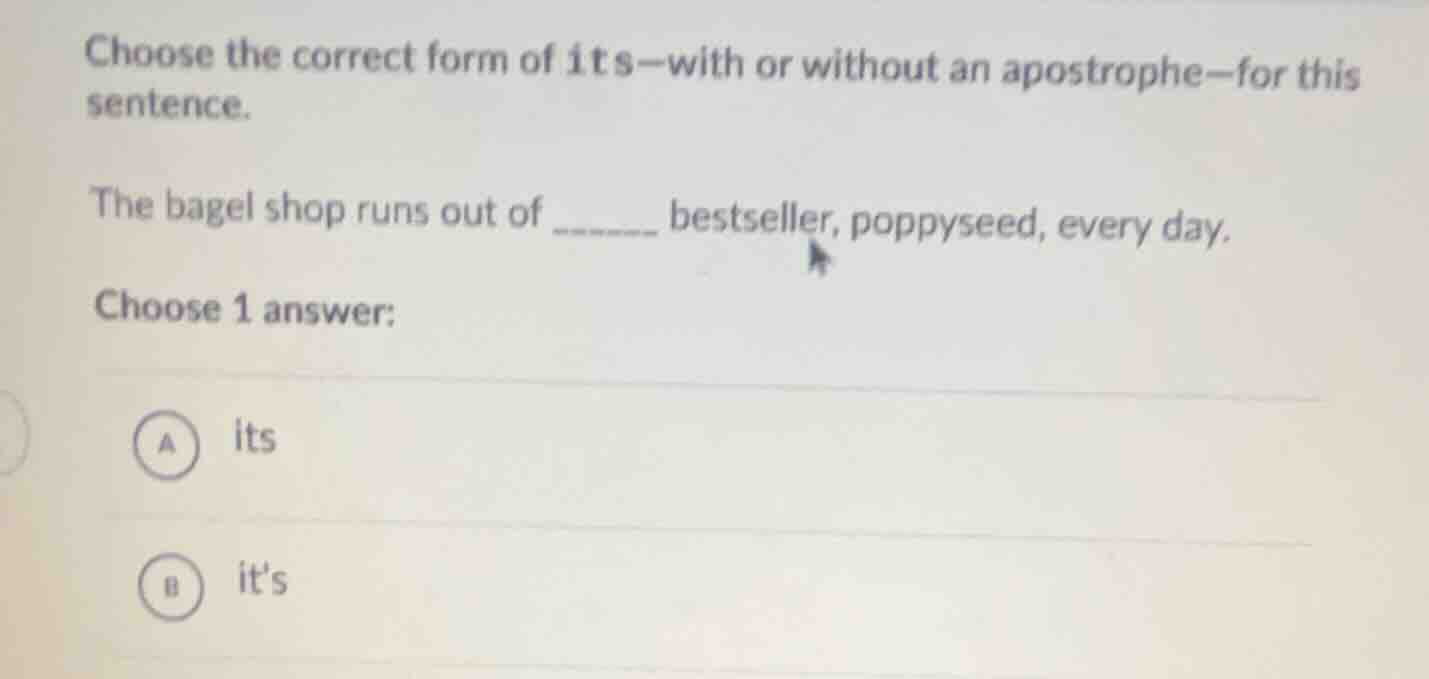 choose the correct form of its—with or without an apostrophe—for this s…
